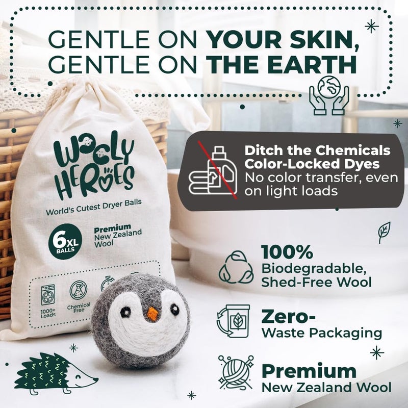 WOOLY HEROES No More Dryer Sheets! Reusable Wool Dryer Balls XL 6-Pack - Reduces Static, Cuts Dry Time, & Softens Naturally - Image 3